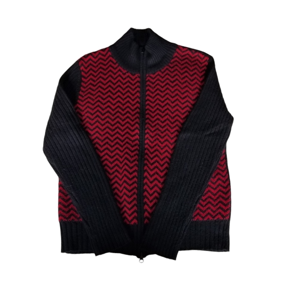 Kasper Knits Sweater Cardigan Zip Up Ladies Small Black Red Zig Zag Pattern